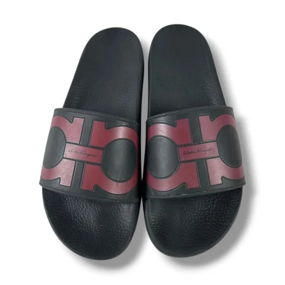 Men's FERRAGAMO Groove 2 Black and Maroon Gancini Pool Slide Sandals - Picture 4 of 10